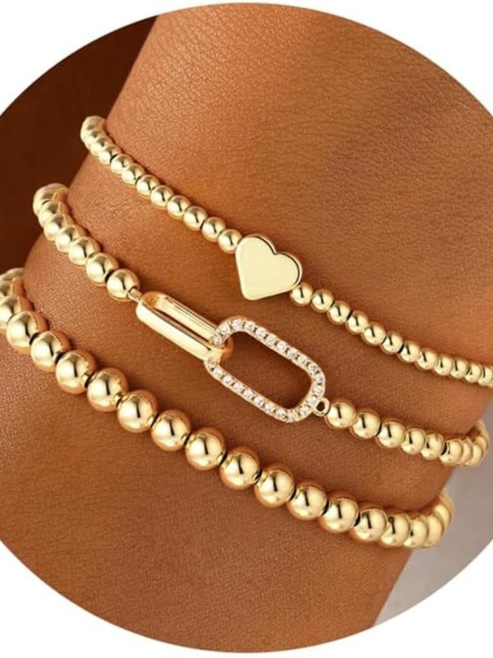 3PCS 14K Gold Plated Beaded Stretch Bracelets for Women & Teens – Gift Ready!